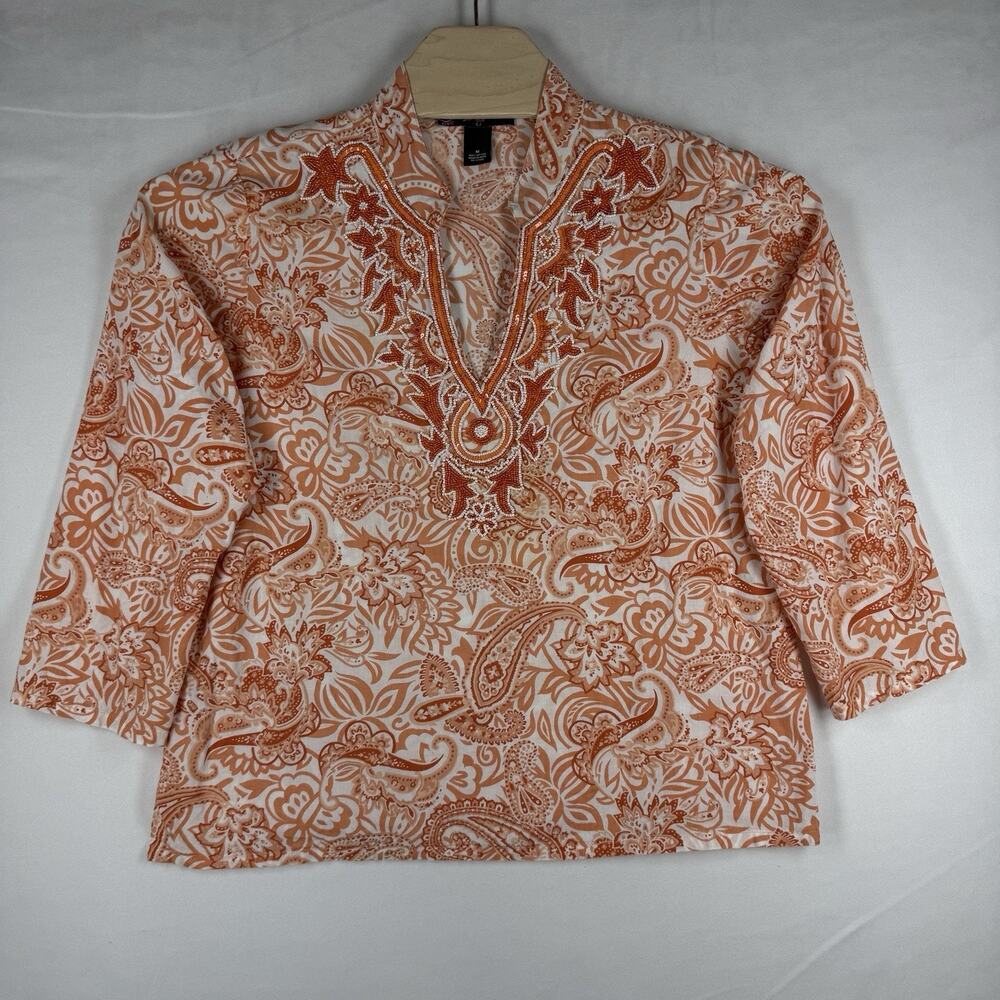 Peck & Peck Womens Medium NWOT Orange Paisley Embellished Cotton Tunic Top